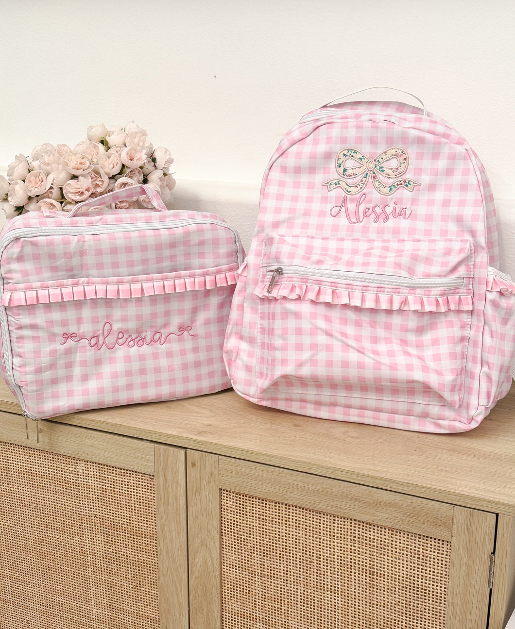 Monogrammed Gingham Backpack with matching Lunch box