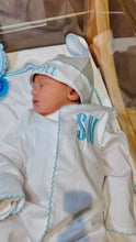 Load image into Gallery viewer, Monogrammed Coming Home Footie Boy Outfit with Hat &amp; Blanket
