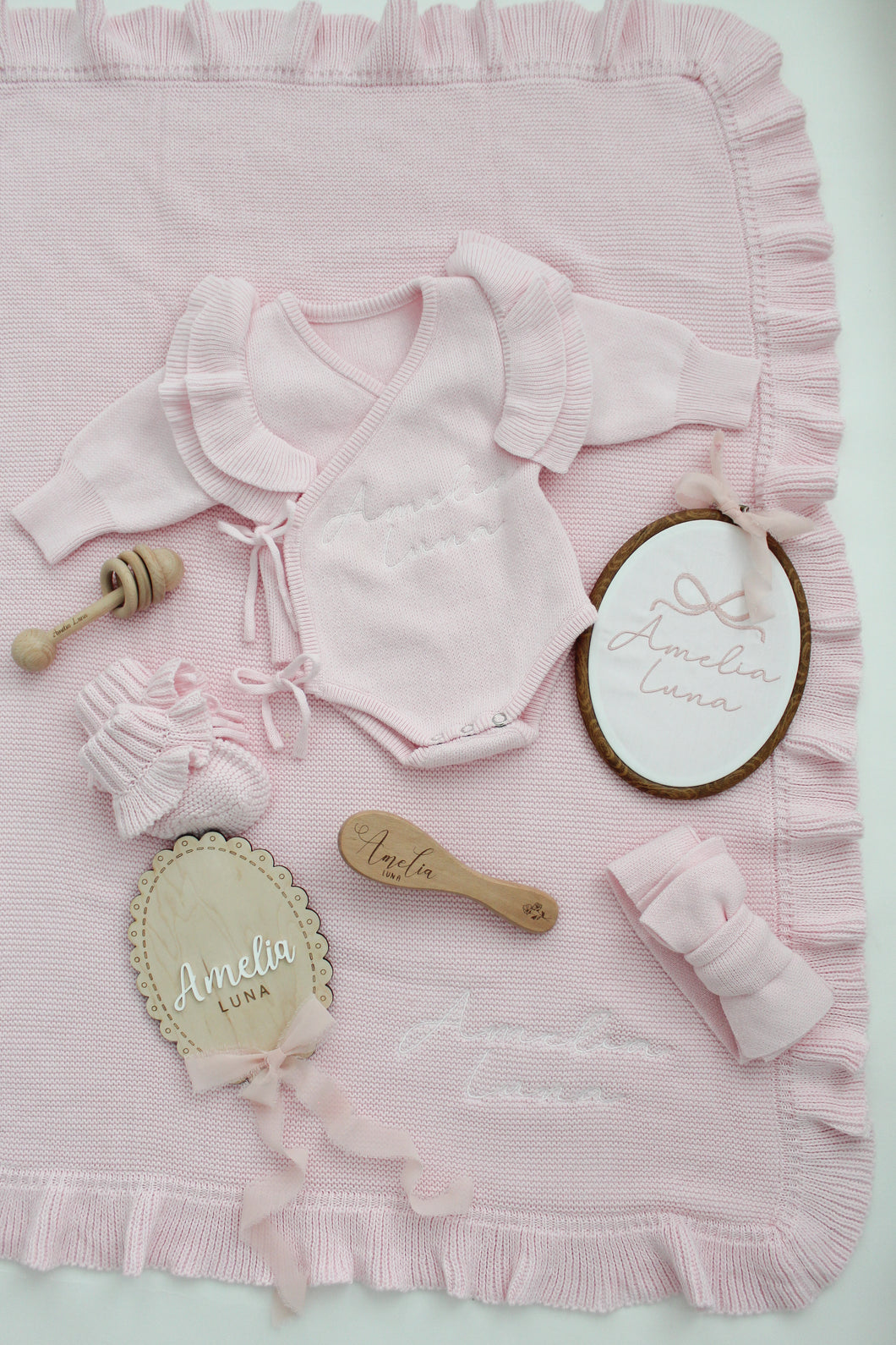 Personalized Pink Newborn Ruffle Coming Home Outfit & Blanket